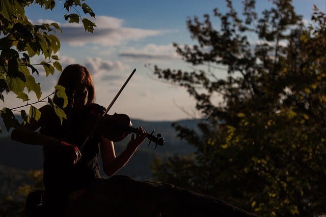 woman playing violin in woods silhouette