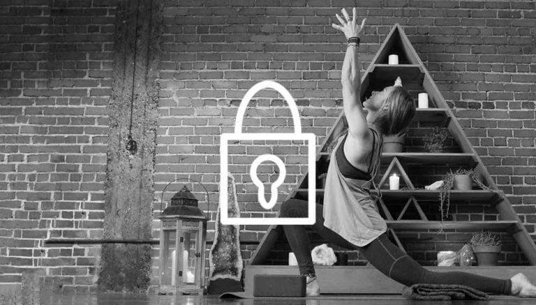 Image of Schuyler Grant in a deep lunge, with a lock logo in the middle.