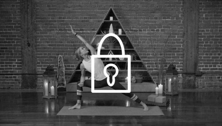 Image of Schuyler Grant in a yoga pose, with a lock logo in the middle.