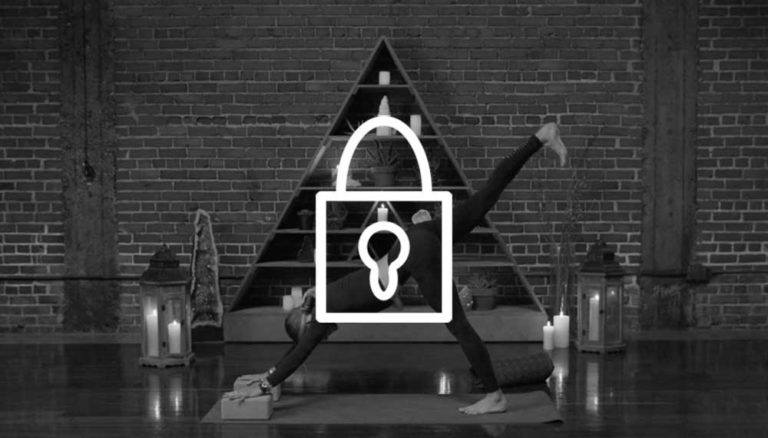 Image of Schuyler Grant in a yoga pose, with a lock logo in the middle.