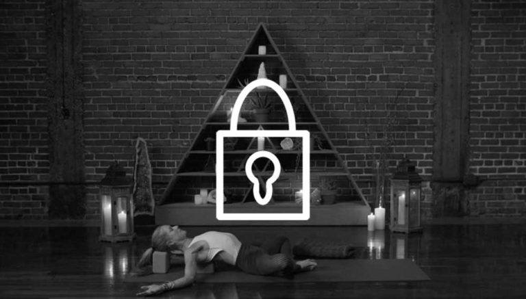 Image of Schuyler Grant in a yoga pose, with a lock logo in the middle.