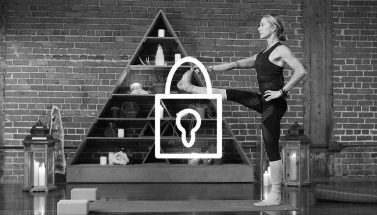 Image of Schuyler Grant in a yoga pose, with a lock logo in the middle.