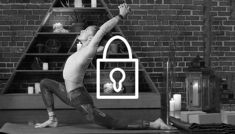 Image of Schuyler Grant in a yoga pose, with a lock logo in the middle.