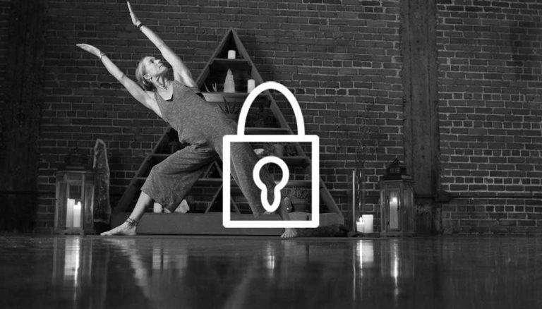 Image of Schuyler Grant in a yoga pose, with a lock logo in the middle.
