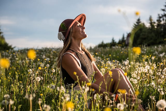 woman sitting in yellow flower field