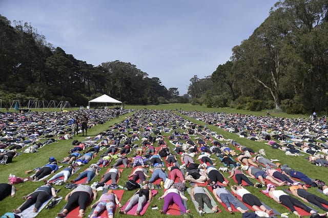 large group of people in field in savasana