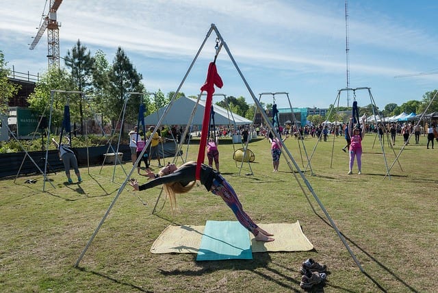 woman in aerial rig