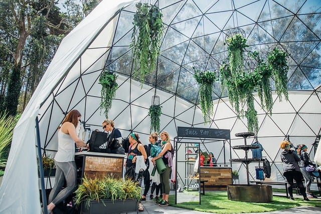 people shopping in dome with plants hanging wanderlust festival