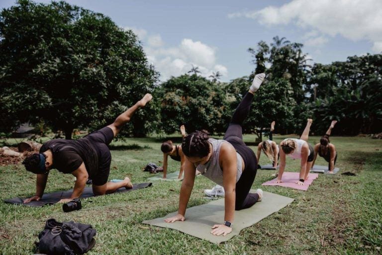 people doing yoga on farm