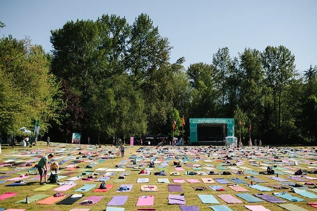 yoga mats laid out in field for large class