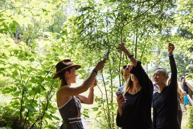 woman showing branches of tree to people Wanderlust Festival